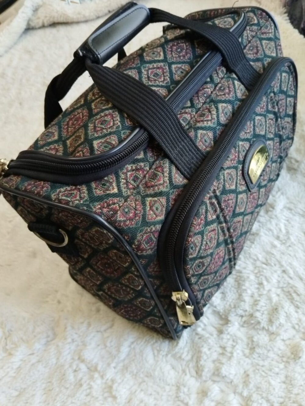Vintage Naturalizer Tapestry Weekender Duffle Bag Green Burgundy Geometric